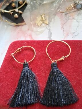 Source Unknown Gold Hoop Earrings with Black Tassels